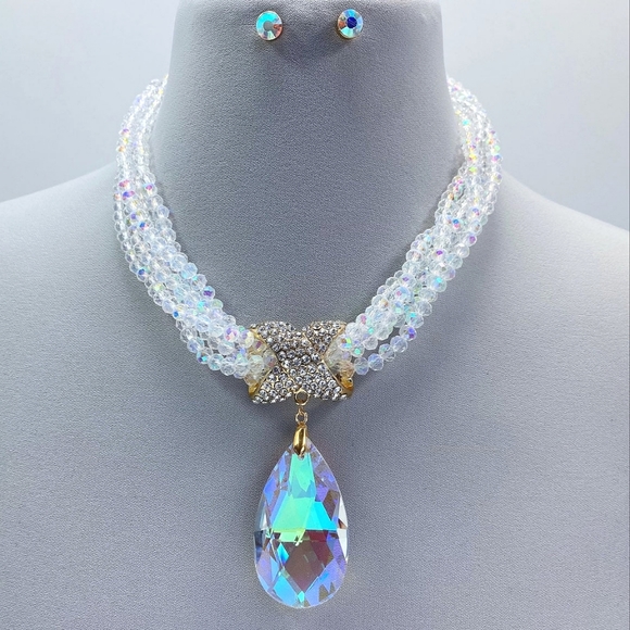 Crystal Necklace Set with Earring, AB Crystal Set Women, Wedding Church Jewelry - Picture 1 of 2